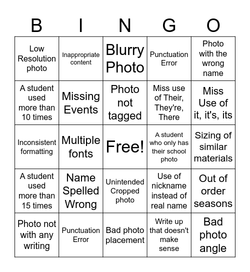 Yearbook Mistakes Bingo Card