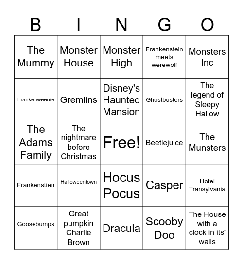 spooky movie bingo Card