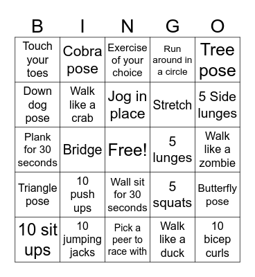 Exercise/Yoga Bingo Card