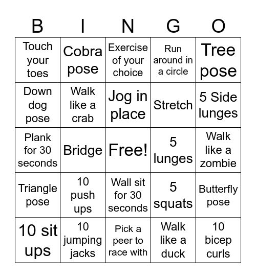 Exercise/Yoga Bingo Card