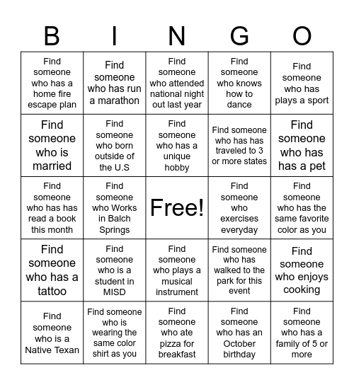 National Night Out Bingo Card