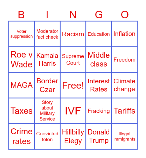 VP Debate Bingo - 2024 Bingo Card
