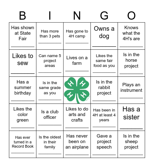 Rock River Clovers 4H Get-to-know-you Bingo Card