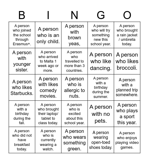 BINGO ... with a twist! Bingo Card