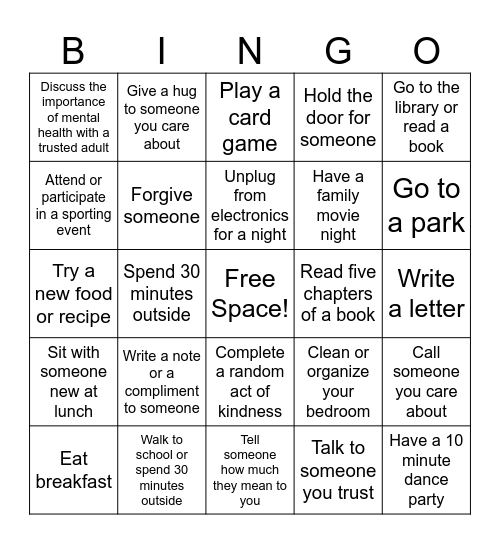 October Mental Health Awareness Bingo Card