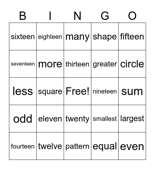 Math Words Bingo Card