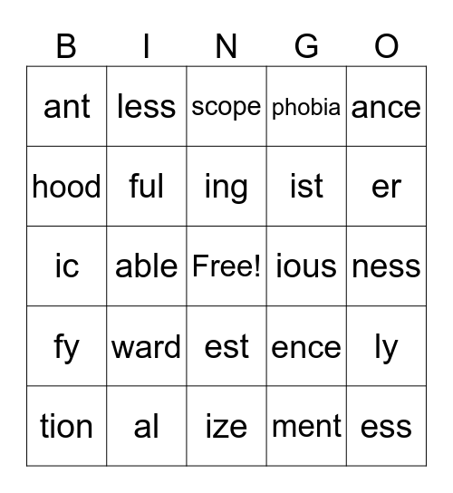 Suffixes Bingo Card