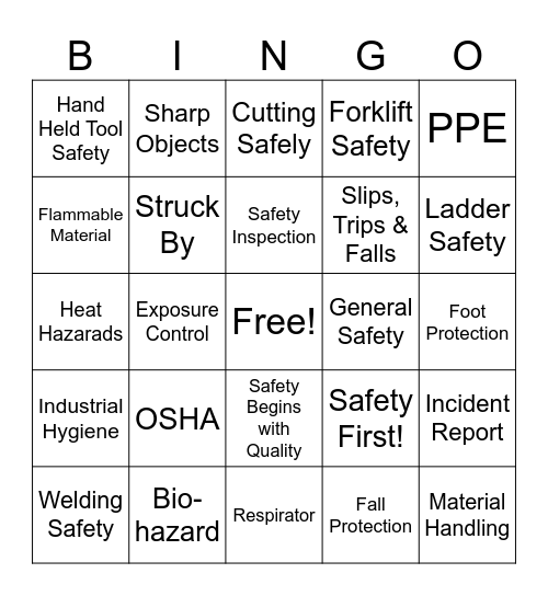 Safety Symbol Bingo Card