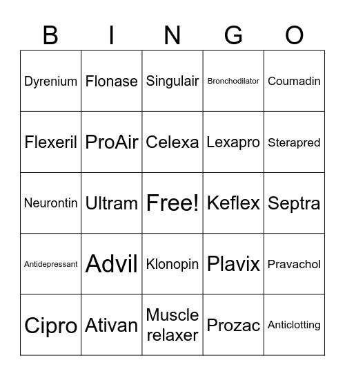 Bingo Drugs 21 - 40 Bingo Card