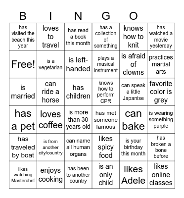 Get to know your classmates Bingo Card