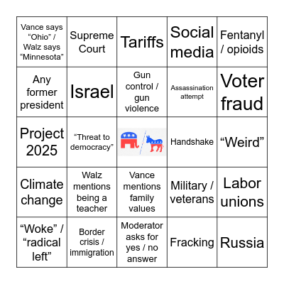 VP Debate Bingo Card