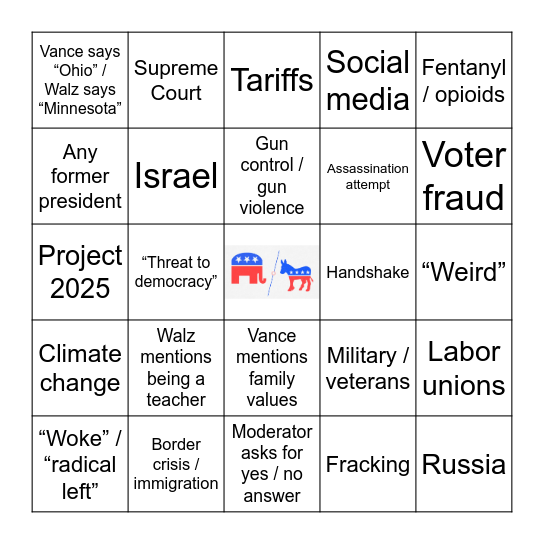 VP Debate Bingo Card