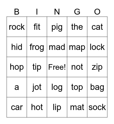 Short A, I and O Bingo Card