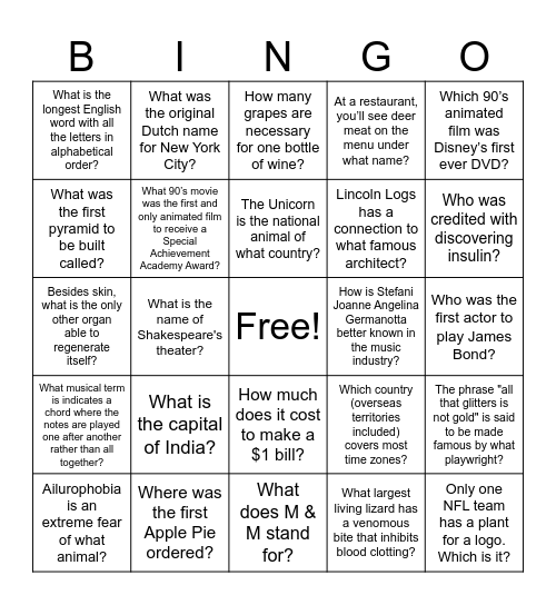 Trivia Bingo Card