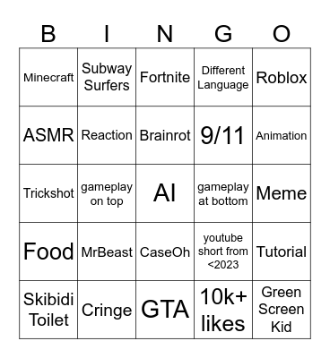 Youtube Shorts Bingo Card