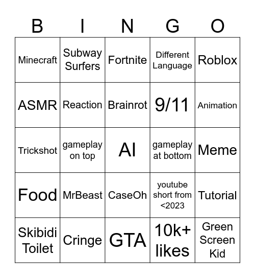 Youtube Shorts Bingo Card