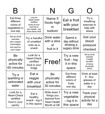 Heart Health Month Bingo Card