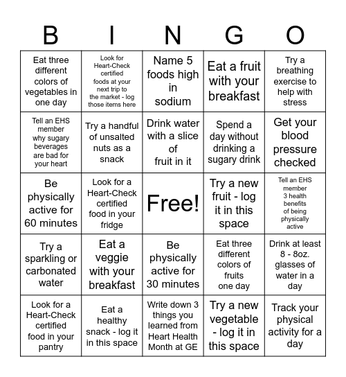 Heart Health Month Bingo Card