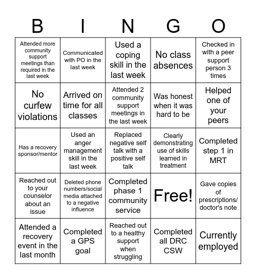 DRC Bingo Card