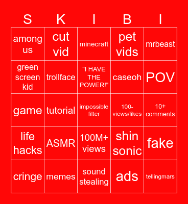 YouTube shorts bingo Card