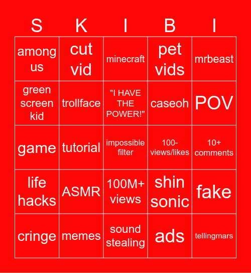 YouTube shorts bingo Card