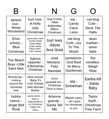 Christmas songs bingo Card