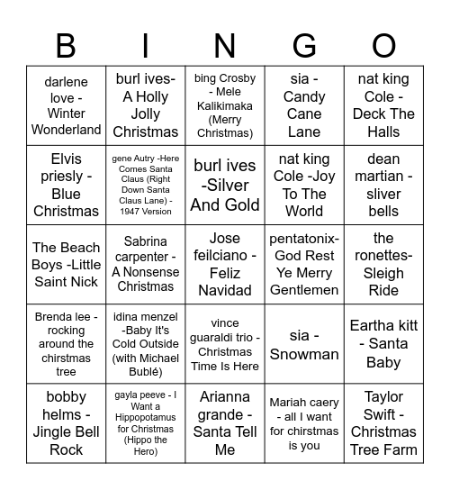 Christmas songs bingo Card