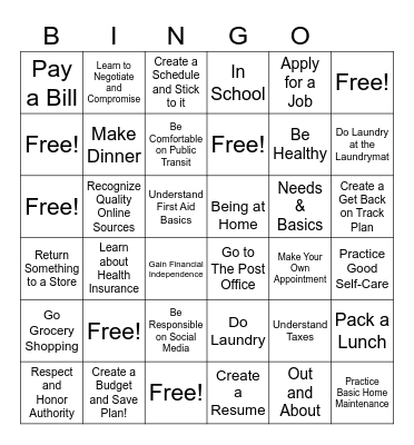 Life Skills Bingo Card