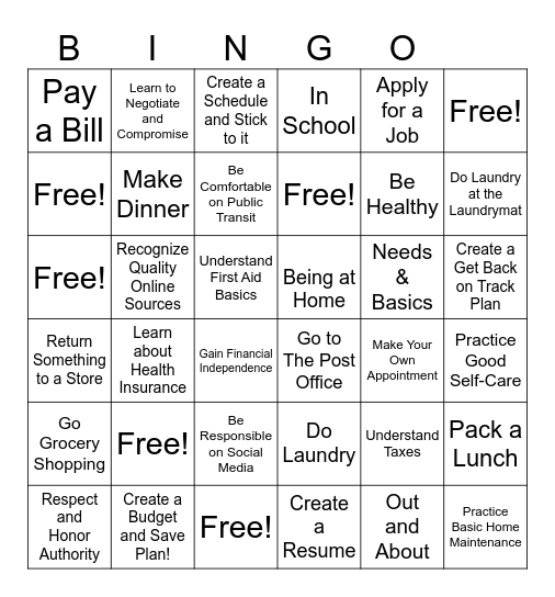 Life Skills Bingo Card