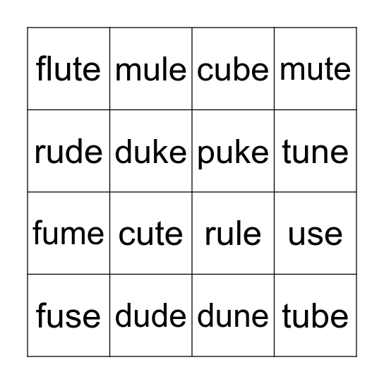 Lesson 58: u_e /u/ /yu/ Bingo Card