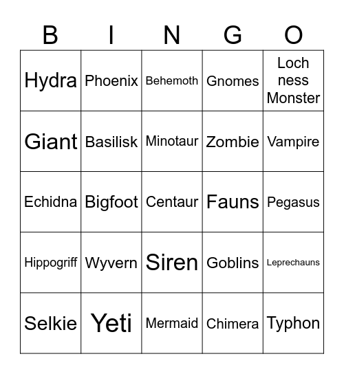 Mythical Creatures Bingo Card