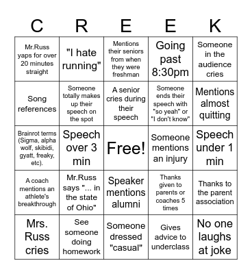 Senior Night BINGO Card