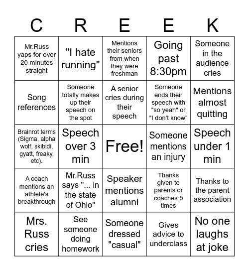 Senior Night BINGO Card