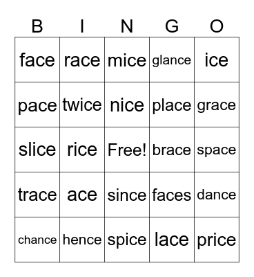 Lesson 60: _ce /s/ Bingo Card