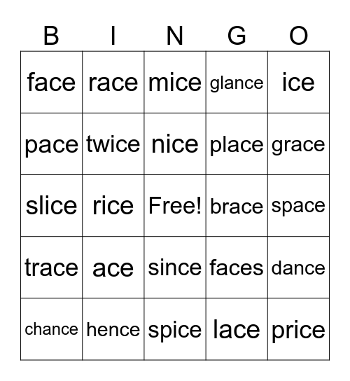 Lesson 60: _ce /s/ Bingo Card