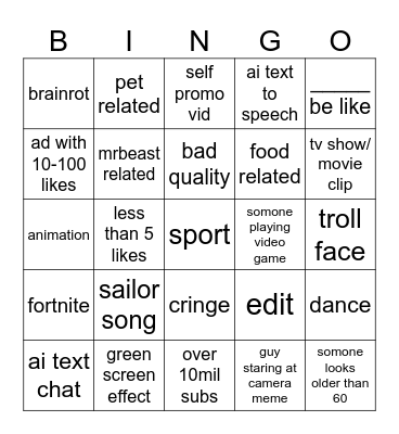 yt shorts Bingo Card