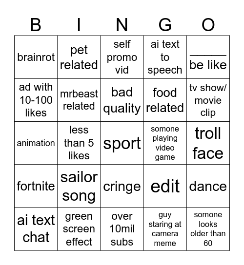 yt shorts Bingo Card