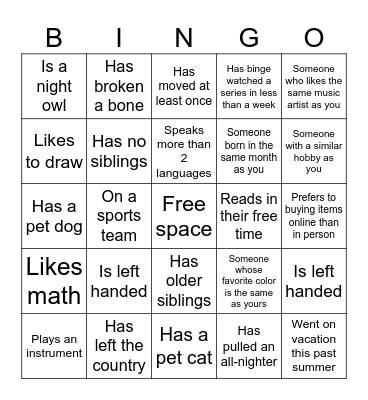 Get to know you Bingo Card