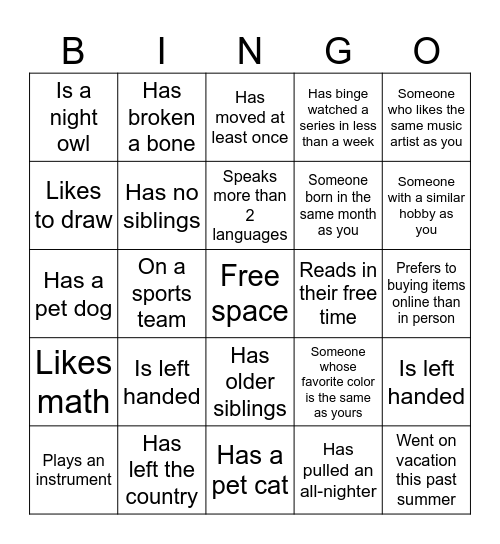 Get to know you Bingo Card