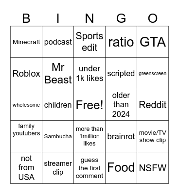 Yt Shorts Bingo Card