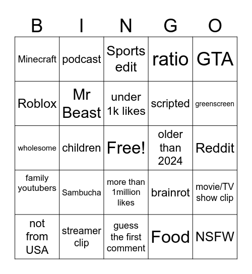 Yt Shorts Bingo Card