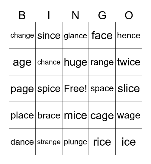 Lesson 61: _ge /j/ _ce /s/ review Bingo Card