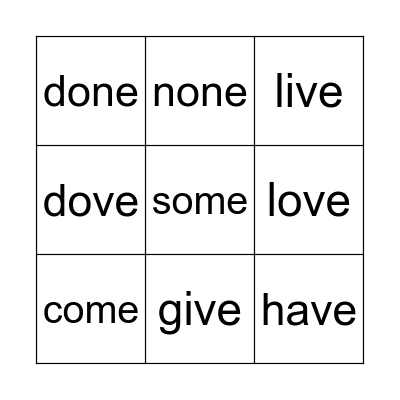 Lesson 62: VCe Exceptions Bingo Card