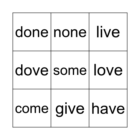Lesson 62: VCe Exceptions Bingo Card