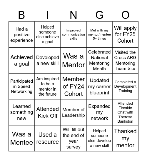 FY24 Cross ARG Mentoring Close Out Bingo Card