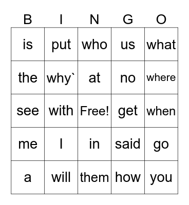 SIGHT WORDS #1 Bingo Card