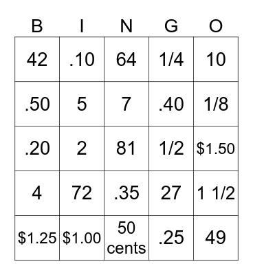 Math Bingo (division, multiplication, fractions & money) Bingo Card