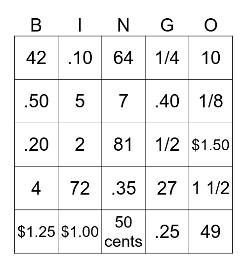 Math Bingo (division, multiplication, fractions & money) Bingo Card