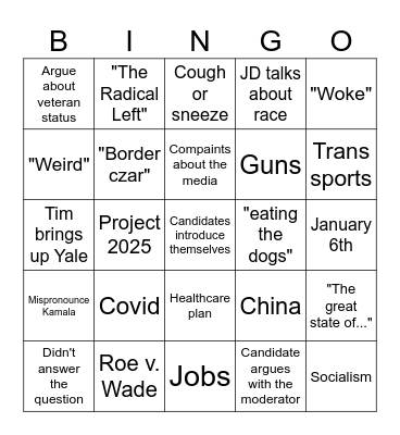 VP Debate Bingo Card