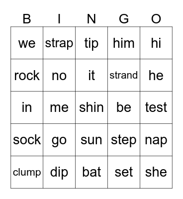 Lesson 66: open and closed syllables Bingo Card